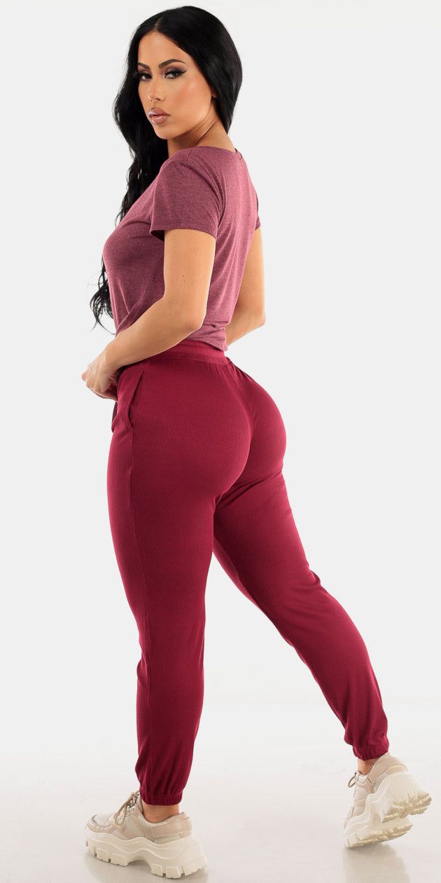 High Waist Burgundy Jogger Pants with Short Sleeve Vneck Burgundy Top sold by Moda product image thumbnail 2
