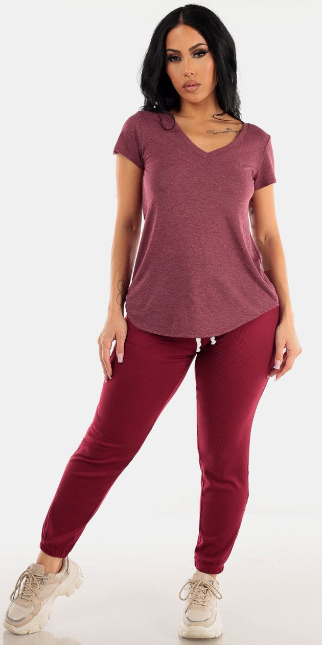 High Waist Burgundy Jogger Pants with Short Sleeve Vneck Burgundy Top sold by Moda