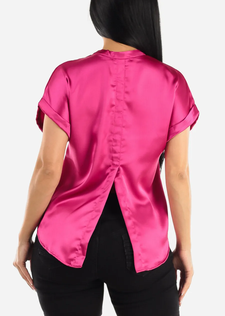 Short Sleeve Button Up Satin Blouse Fuchsia sold by Moda product image thumbnail 5