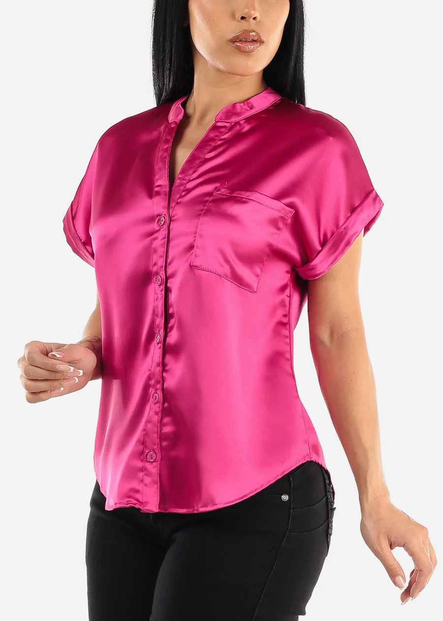 Short Sleeve Button Up Satin Blouse Fuchsia sold by Moda product image thumbnail 3