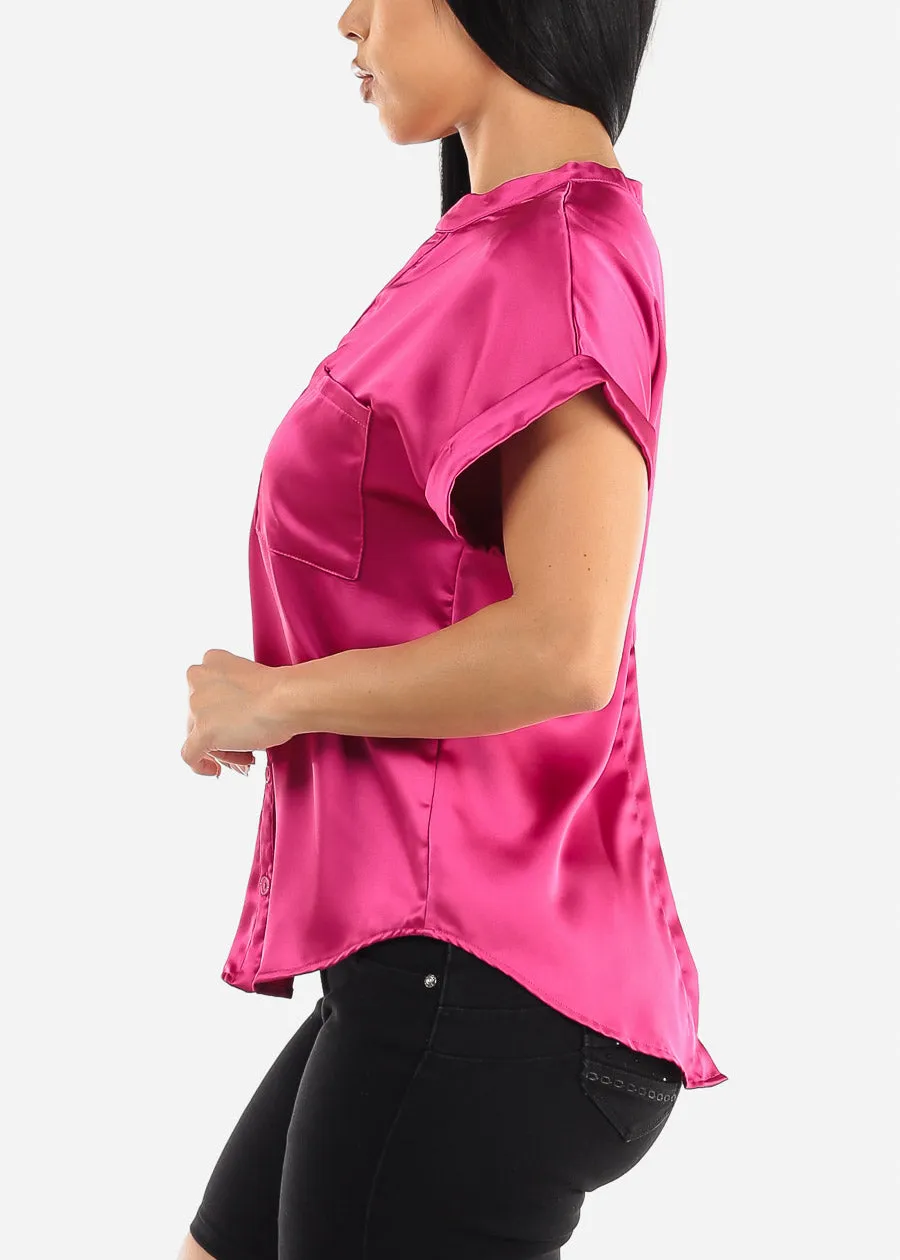 Short Sleeve Button Up Satin Blouse Fuchsia sold by Moda product image thumbnail 4