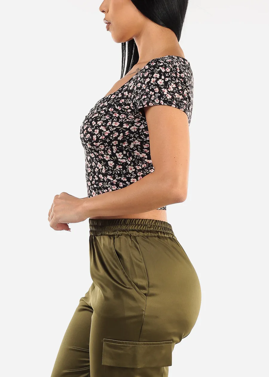 Short Sleeve Sweetheart Neckline Floral Crop Top Black sold by Moda product image thumbnail 3