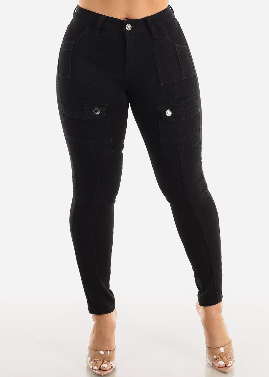 Black Mid Rise Cargo Skinny Jeans sold by Moda