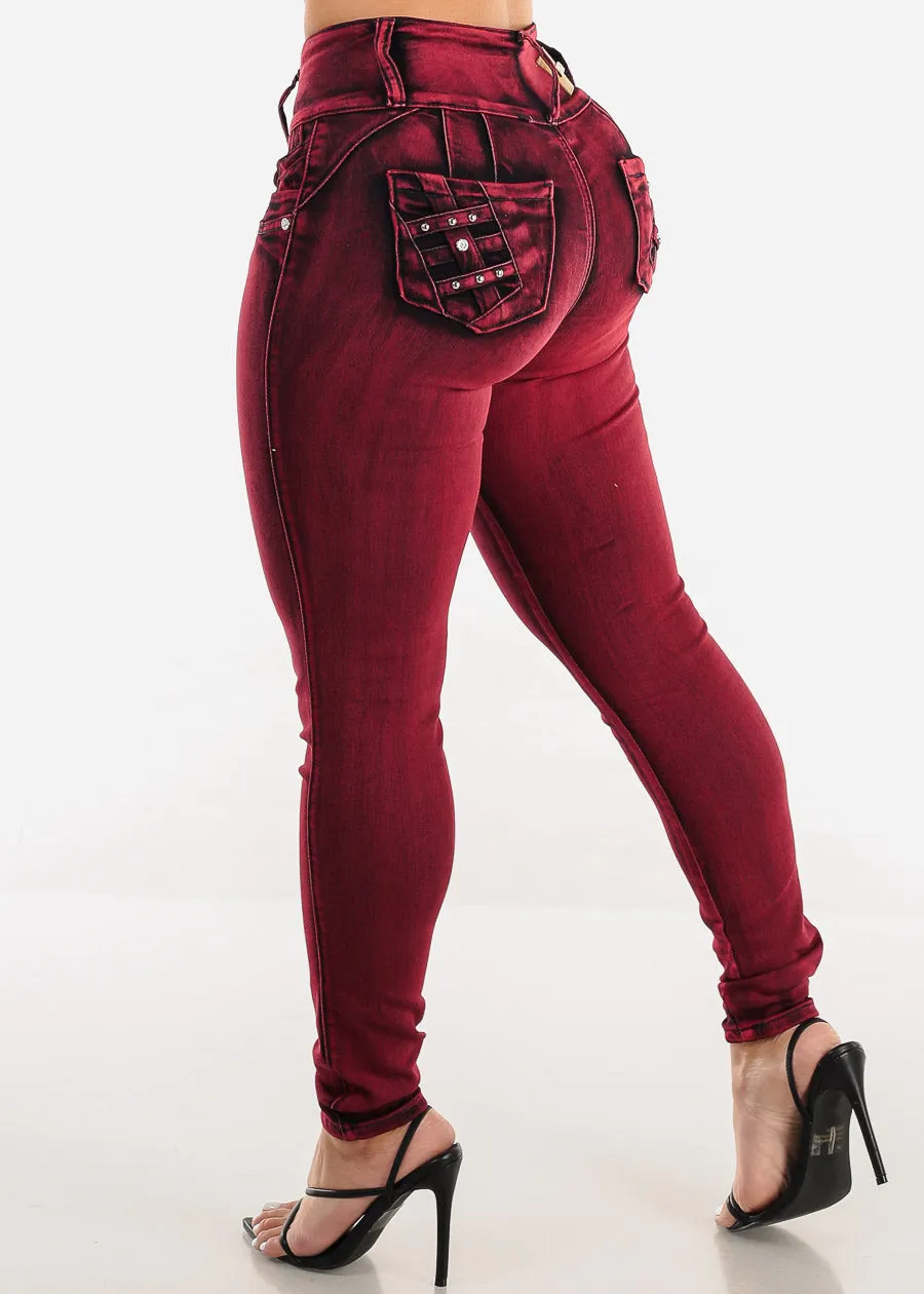 Butt Lift High Waist Skinny Jeans Red Acid Wash sold by Moda product image thumbnail 5