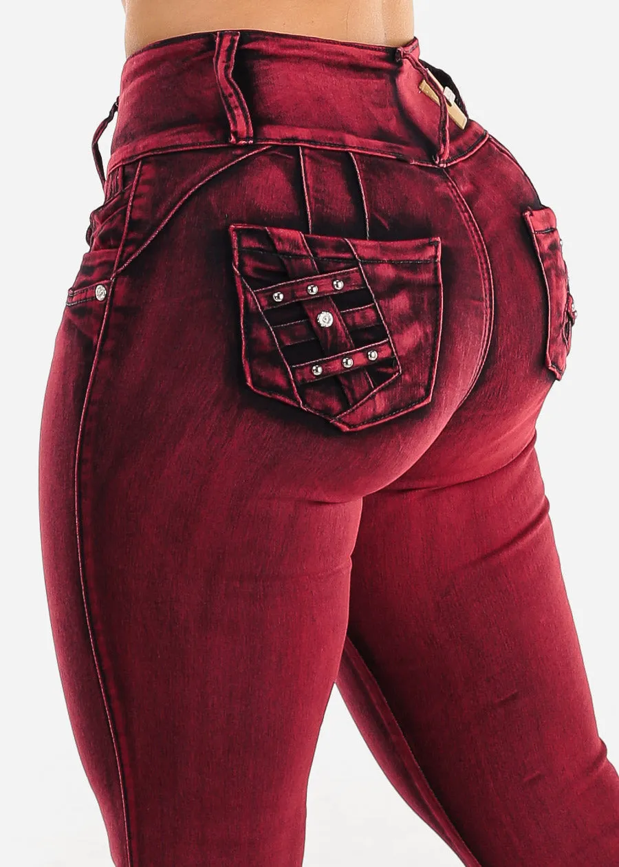 Butt Lift High Waist Skinny Jeans Red Acid Wash sold by Moda