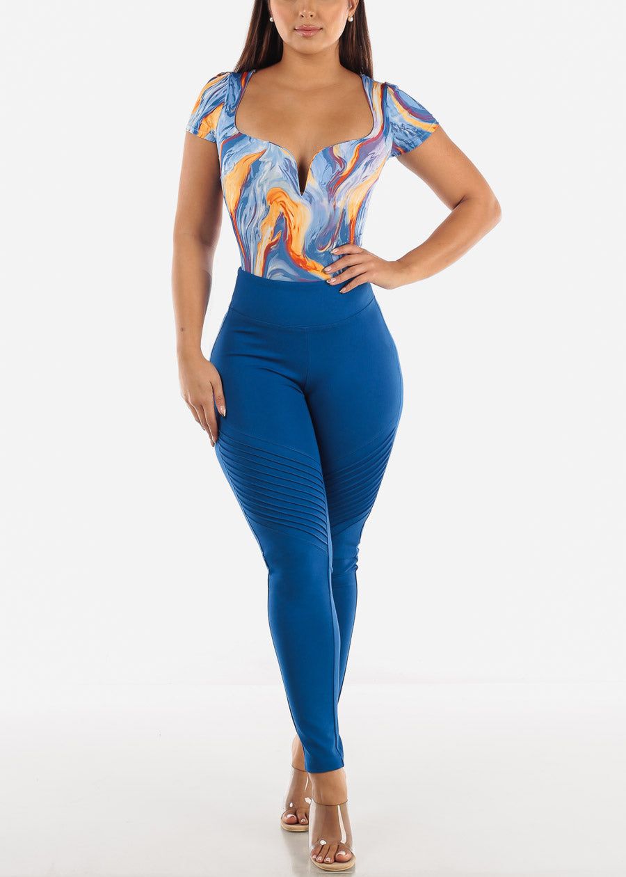 Short Sleeve V Neck Blue Marble Bodysuit sold by Moda product image thumbnail 7