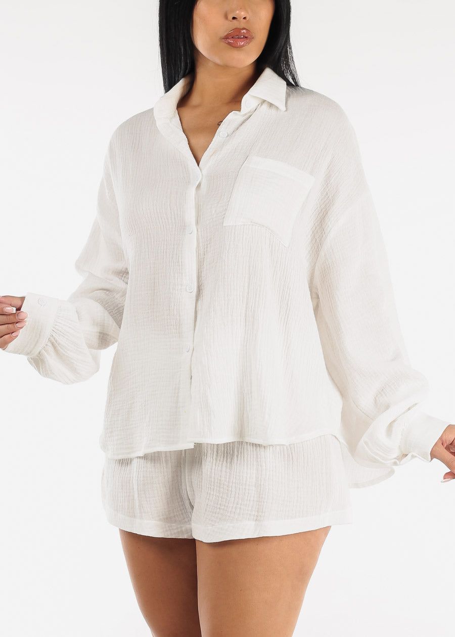 White Cotton Button Down Shirt & Shorts (2 PCE SET) sold by Moda