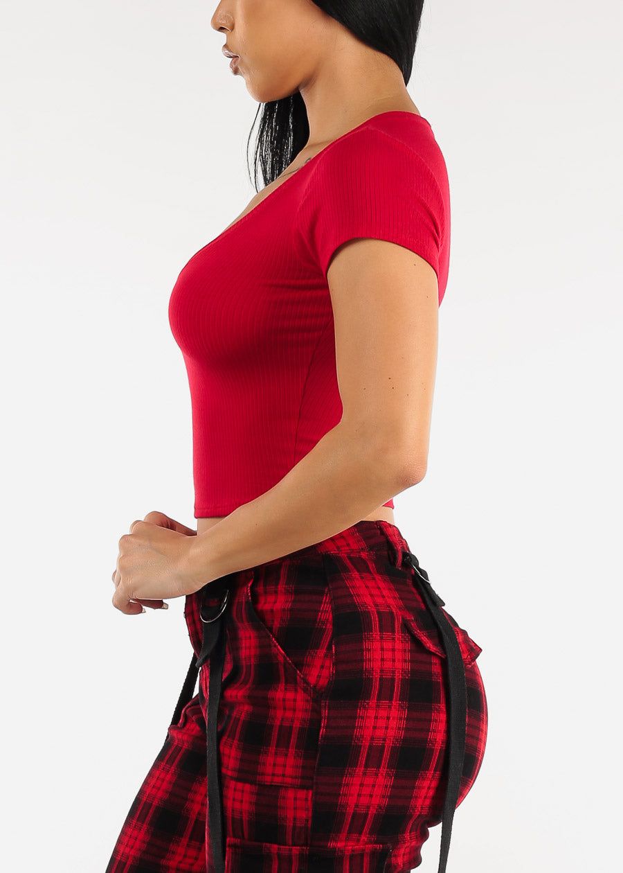 Ribbed Vneck Short Sleeve Crop Top Red sold by Moda product image thumbnail 5