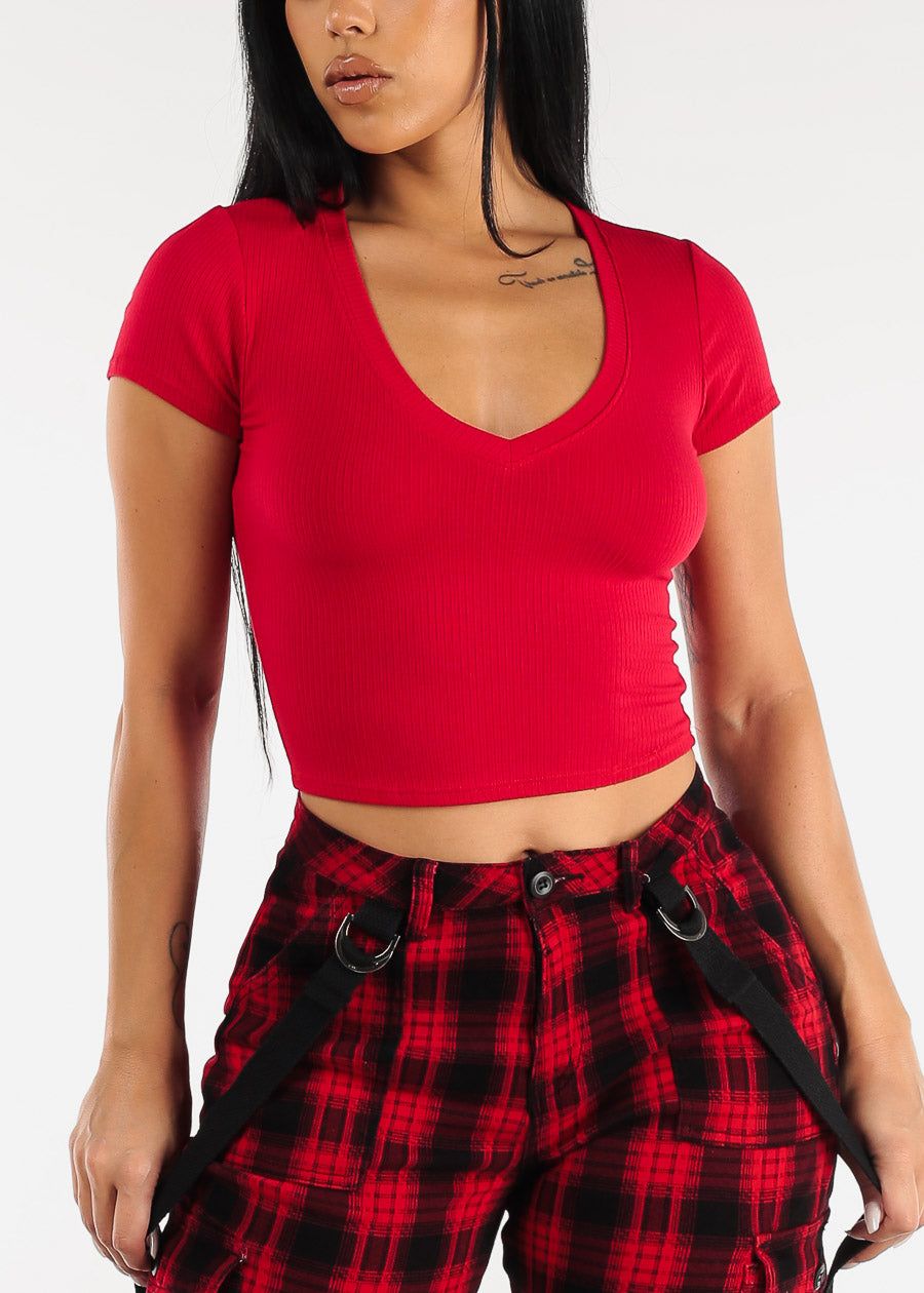 Ribbed Vneck Short Sleeve Crop Top Red sold by Moda product image thumbnail 3