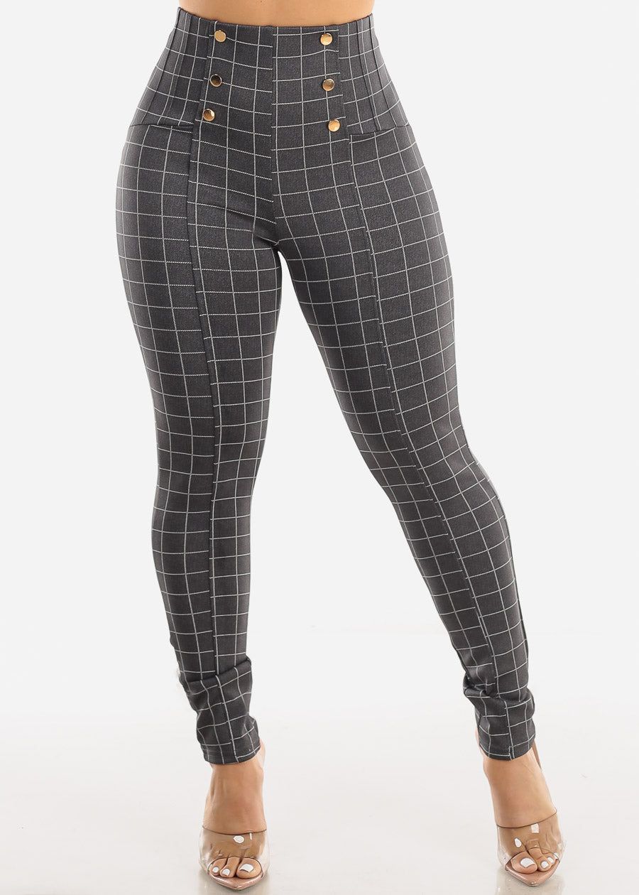 Butt Lifting Plaid Skinny Pants Grey w Buttons Detail sold by Moda product image thumbnail 5