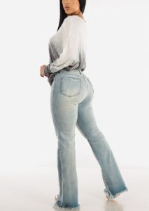 High Waist Wide Leg Light Denim Jeans w Raw Hem sold by Moda