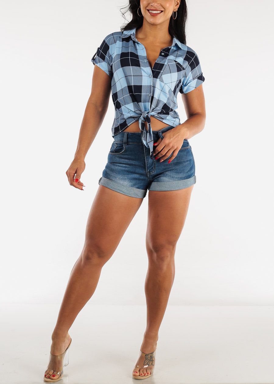 Short Sleeve Tie Front Button Up Plaid Shirt Blue sold by Moda product image thumbnail 2