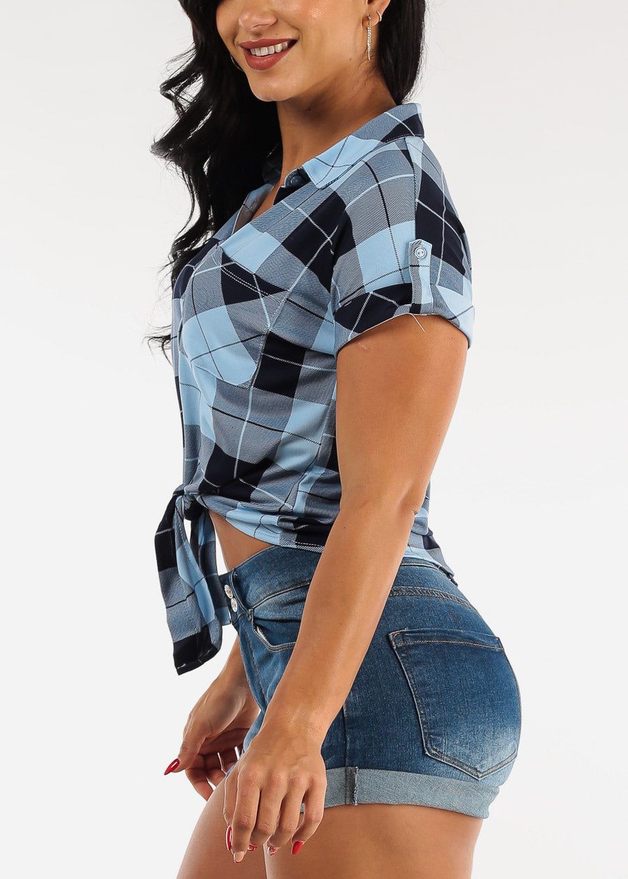 Short Sleeve Tie Front Button Up Plaid Shirt Blue sold by Moda product image thumbnail 3
