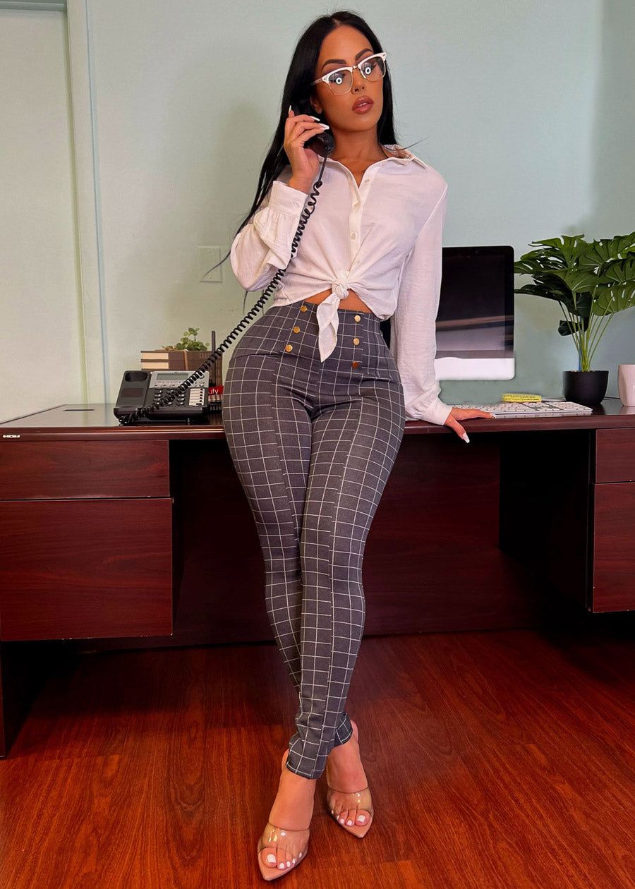 Butt Lifting Plaid Skinny Pants Grey w Buttons Detail sold by Moda product image thumbnail 3