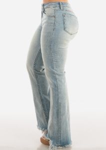 High Waist Wide Leg Light Denim Jeans w Raw Hem sold by Moda