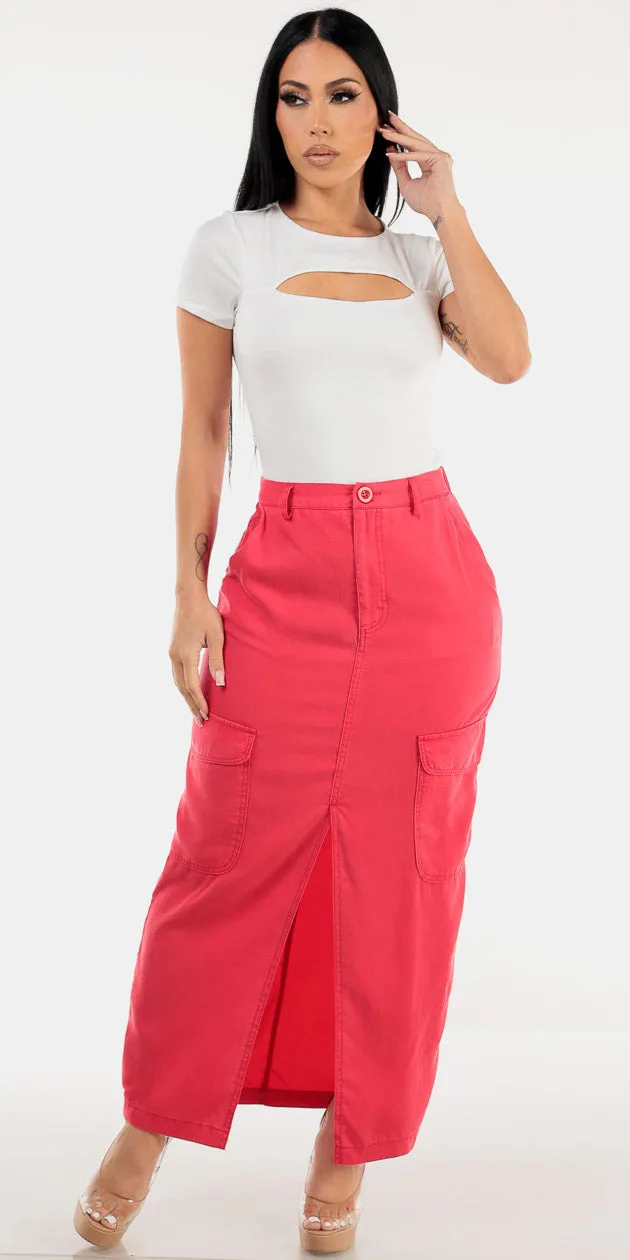 White Cargo Midi Skirt Look sold by Moda