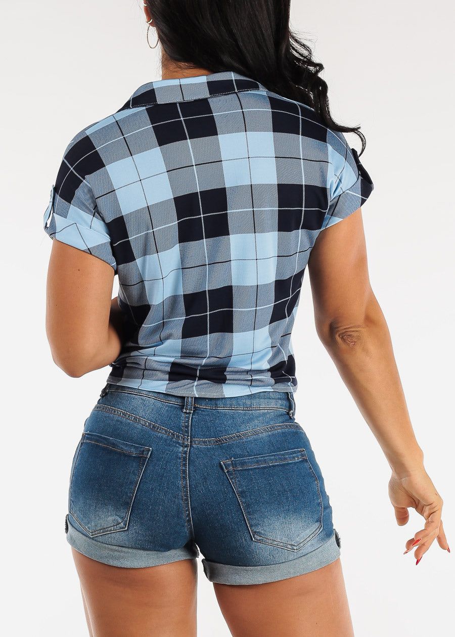 Short Sleeve Tie Front Button Up Plaid Shirt Blue sold by Moda product image thumbnail 4
