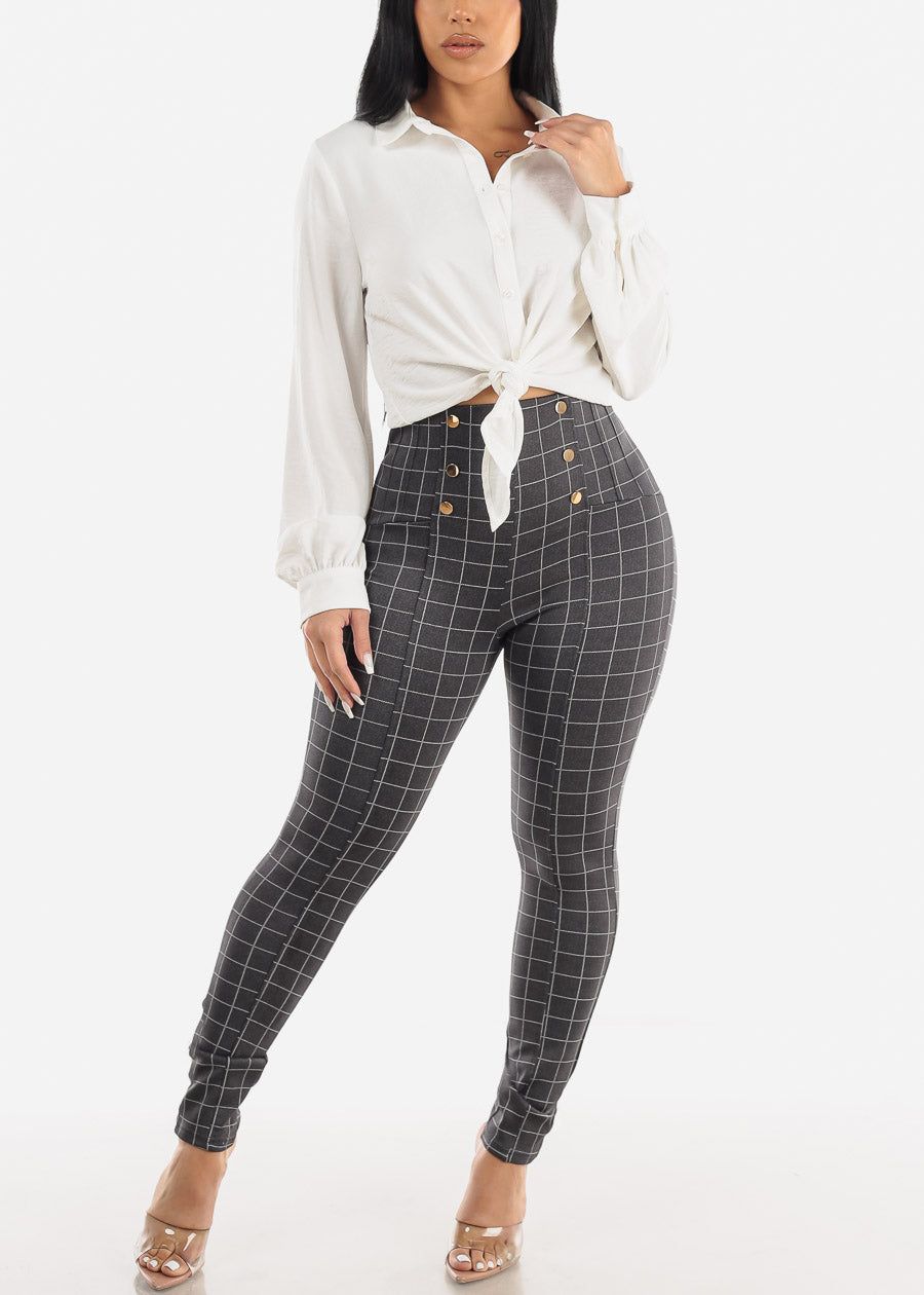 Butt Lifting Plaid Skinny Pants Grey w Buttons Detail sold by Moda product image thumbnail 4