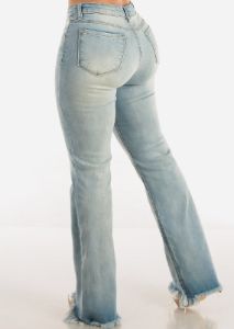 High Waist Wide Leg Light Denim Jeans w Raw Hem sold by Moda