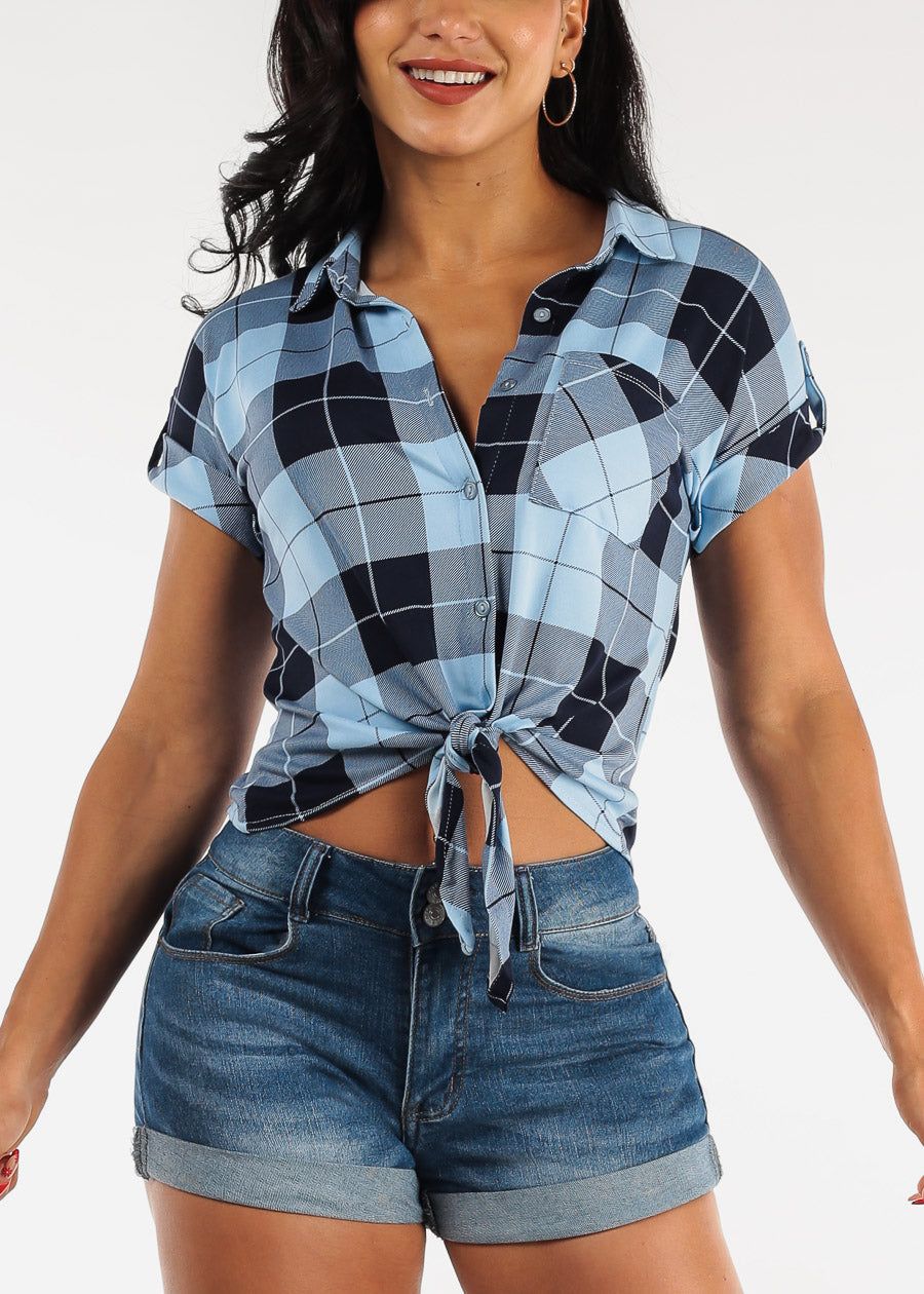 Short Sleeve Tie Front Button Up Plaid Shirt Blue sold by Moda
