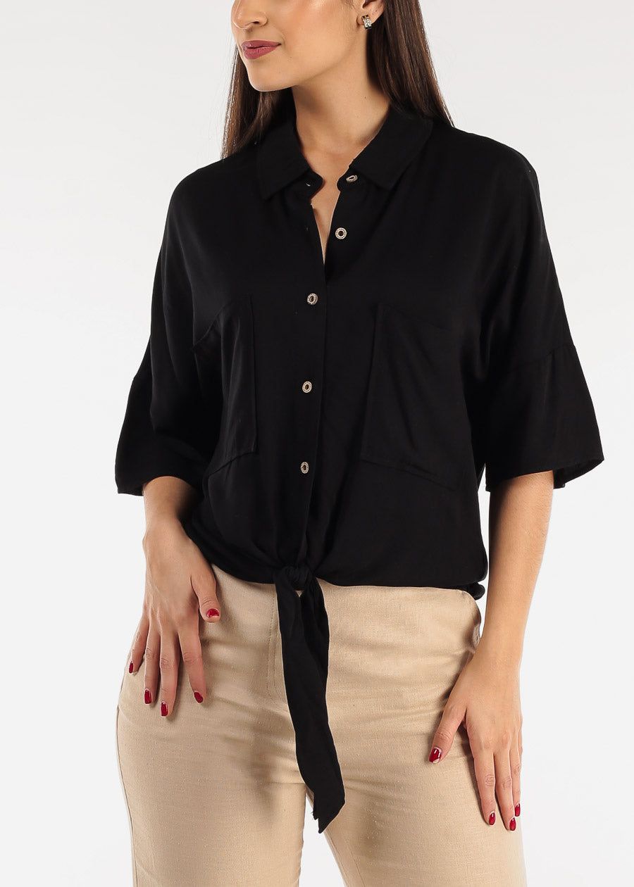 Black Short Sleeve Tie Front Button Up Tunic Shirt sold by Moda
