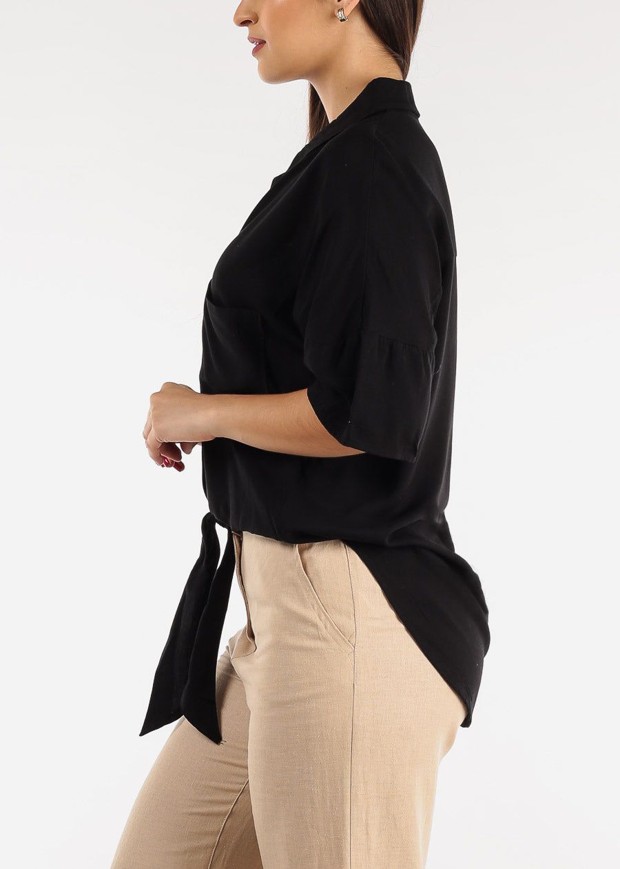 Black Short Sleeve Tie Front Button Up Tunic Shirt sold by Moda product image thumbnail 3