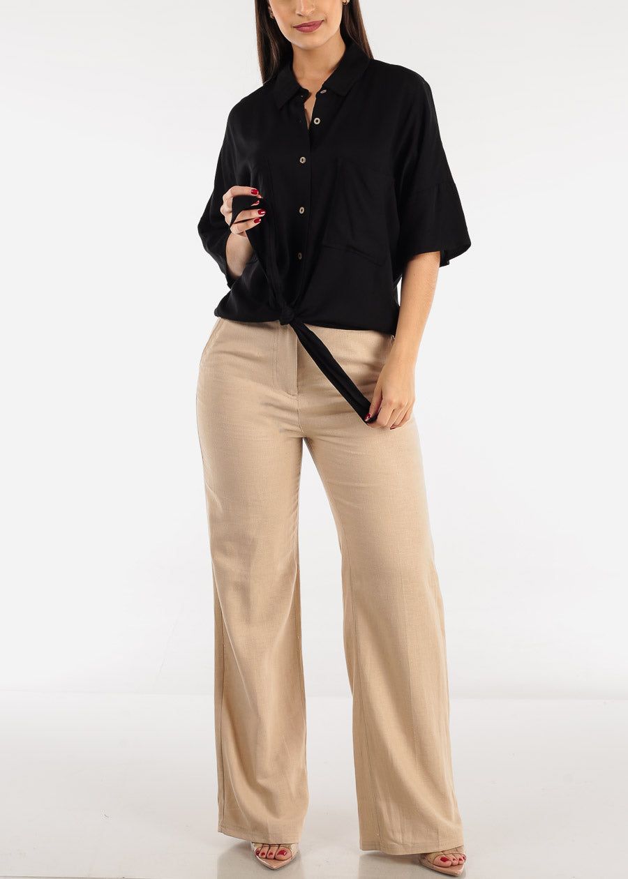 Black Short Sleeve Tie Front Button Up Tunic Shirt sold by Moda product image thumbnail 2