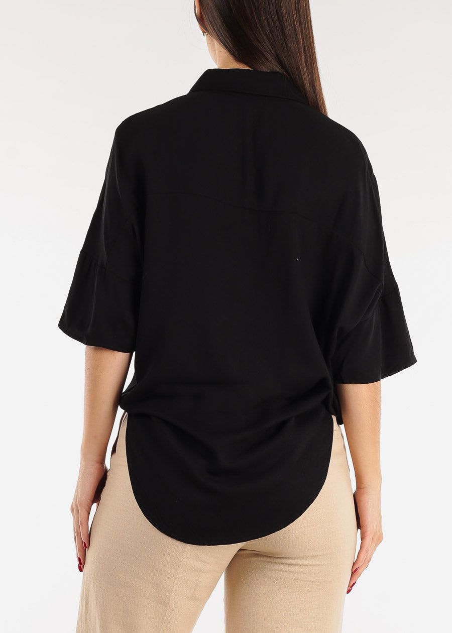 Black Short Sleeve Tie Front Button Up Tunic Shirt sold by Moda product image thumbnail 4