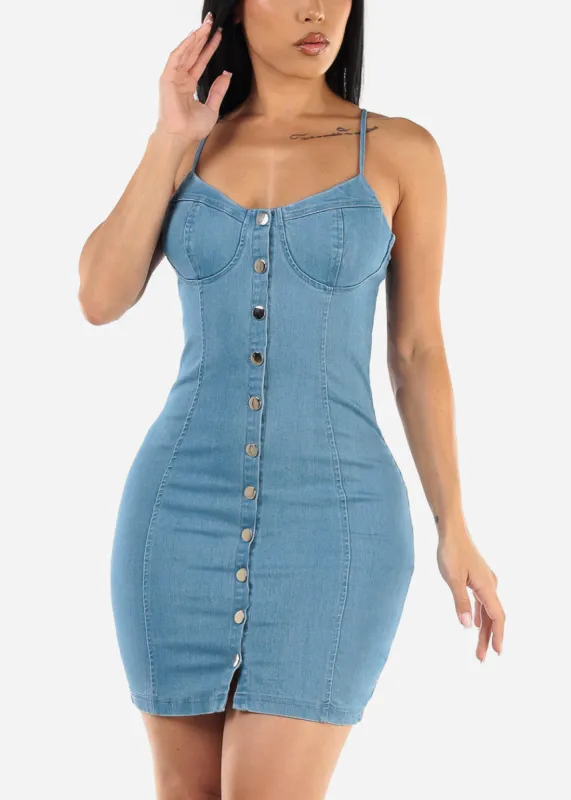 Button Up Bodycon Denim Dress Med Blue sold by Moda