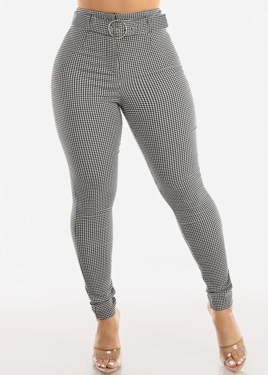 Super High Waist Checkered Skinny Pants w Belt sold by Moda
