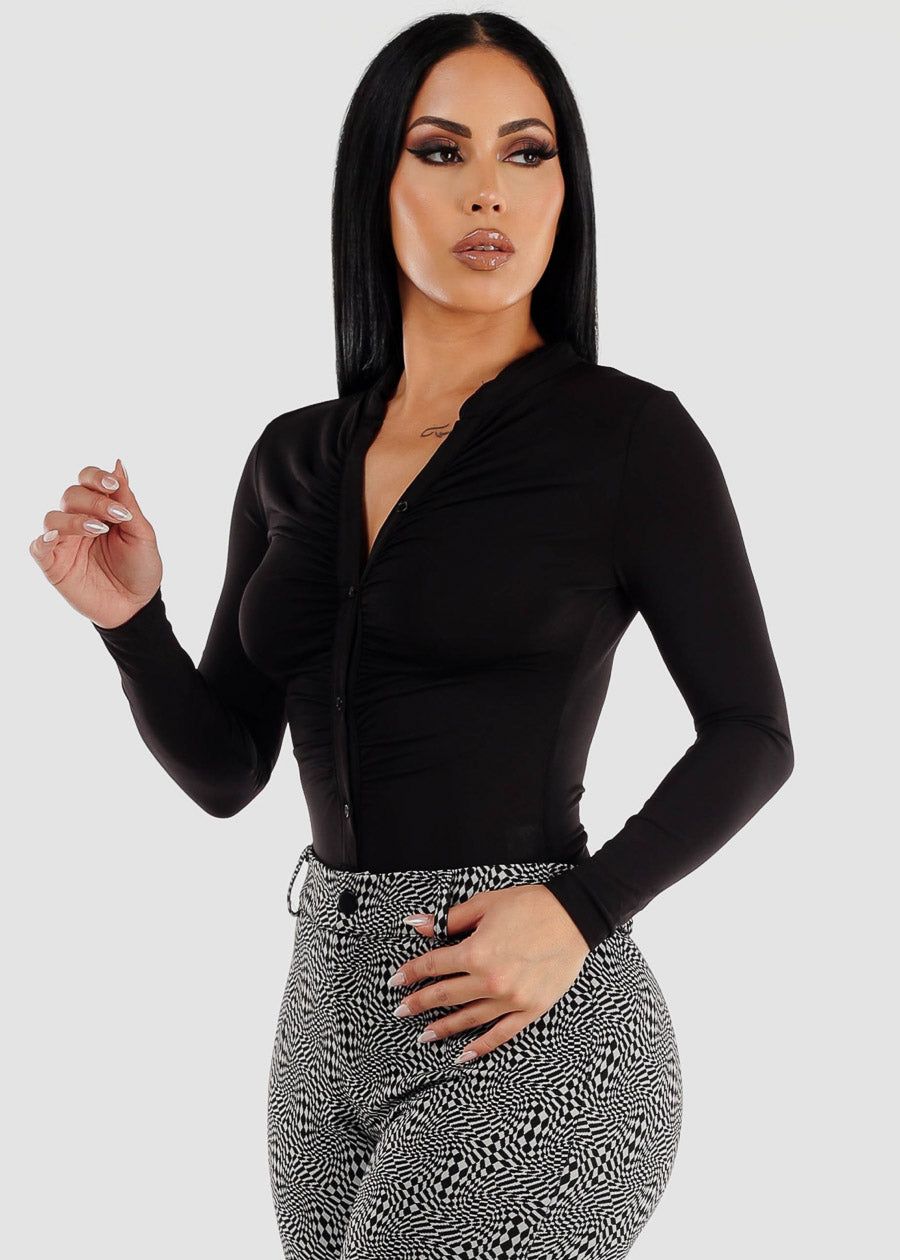 Long Sleeve Ruched Button Up Black Collared Bodysuit sold by Moda