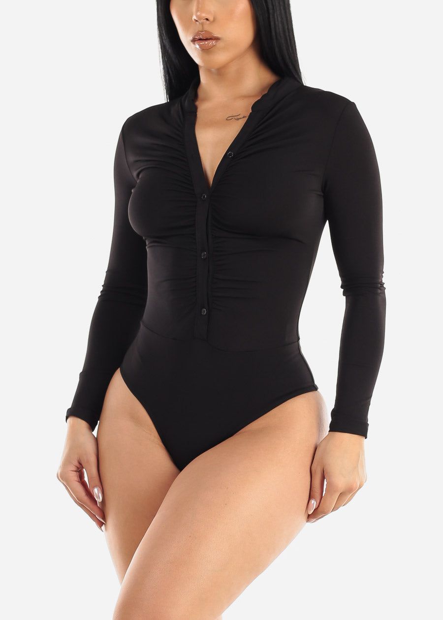 Long Sleeve Ruched Button Up Black Collared Bodysuit sold by Moda product image thumbnail 2