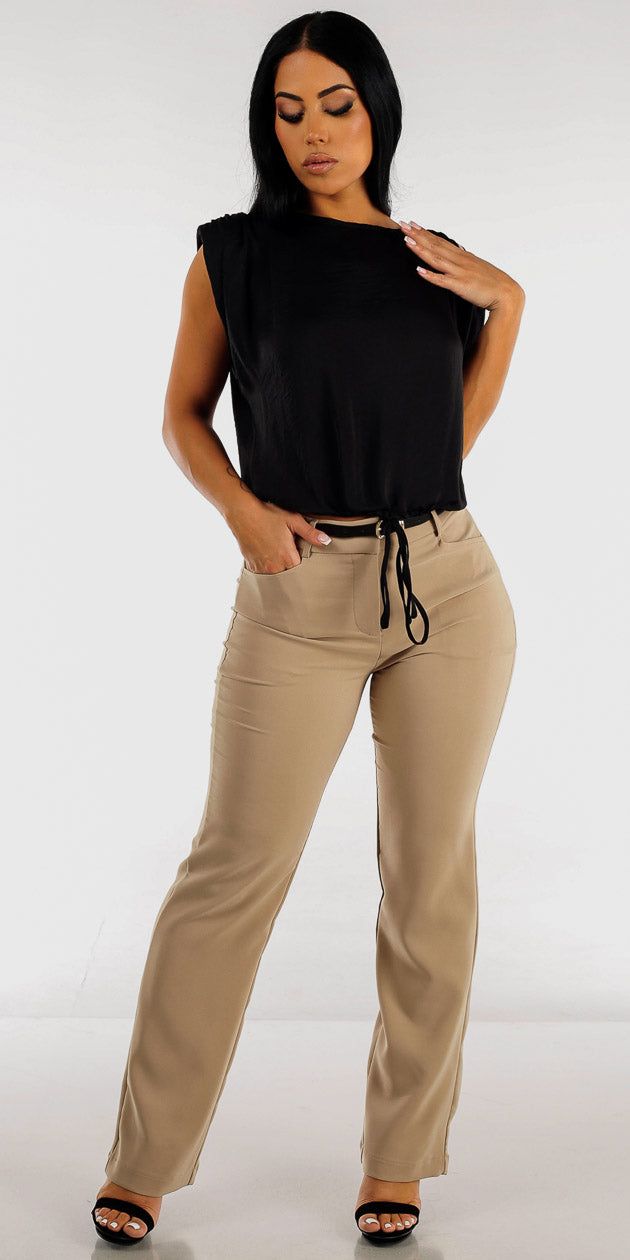 Taupe Bootcut High Waist Dress Pants with Black Tie Front Sleeve Blouse sold by Moda