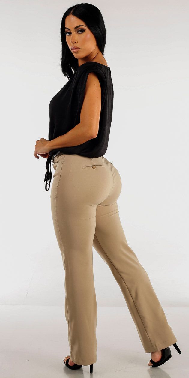 Taupe Bootcut High Waist Dress Pants with Black Tie Front Sleeve Blouse sold by Moda product image thumbnail 2