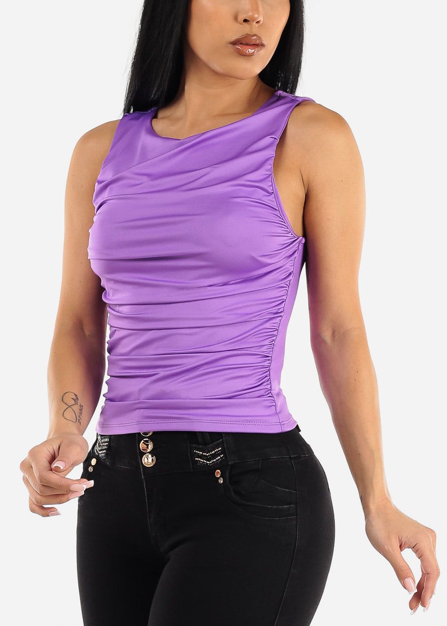 Sleeveless Ruched Fitted Top Purple sold by Moda