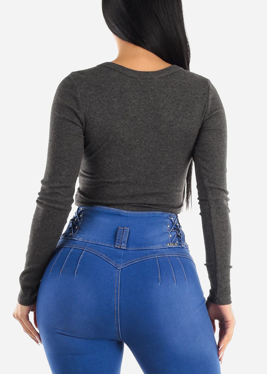 Long Sleeve Ribbed Crop Top Charcoal w Snap Button Neckline sold by Moda product image thumbnail 4