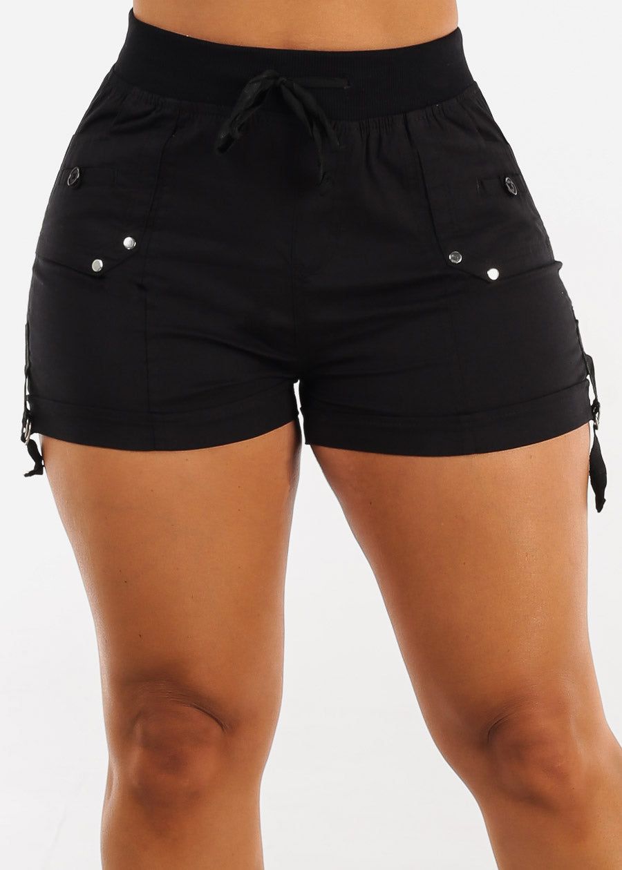 Black High Waist Drawstring Cargo Shorts sold by Moda