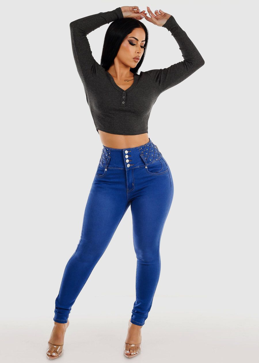 Long Sleeve Ribbed Crop Top Charcoal w Snap Button Neckline sold by Moda product image thumbnail 2