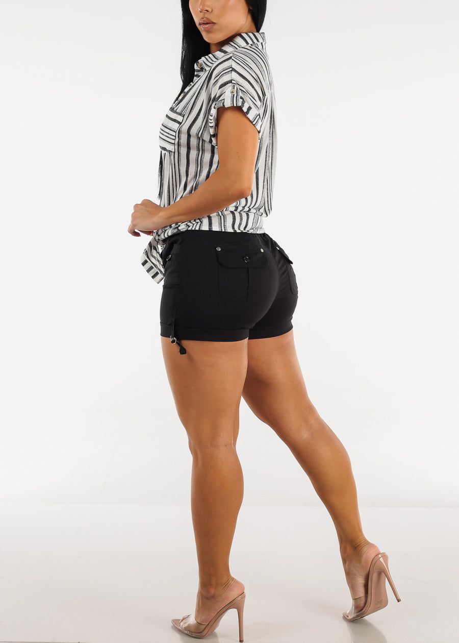 Black High Waist Drawstring Cargo Shorts sold by Moda product image thumbnail 5