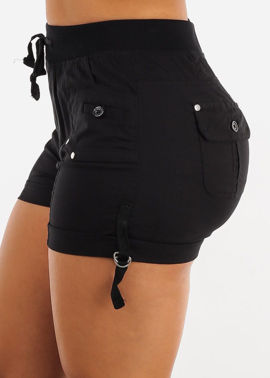 Black High Waist Drawstring Cargo Shorts sold by Moda product image thumbnail 3