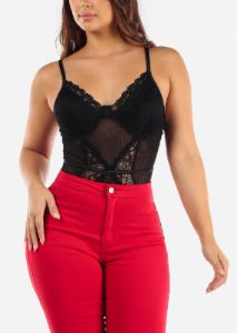 Black Sleeveless Thong Floral Lace Bodysuit sold by Moda