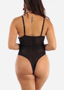 Black Sleeveless Thong Floral Lace Bodysuit sold by Moda
