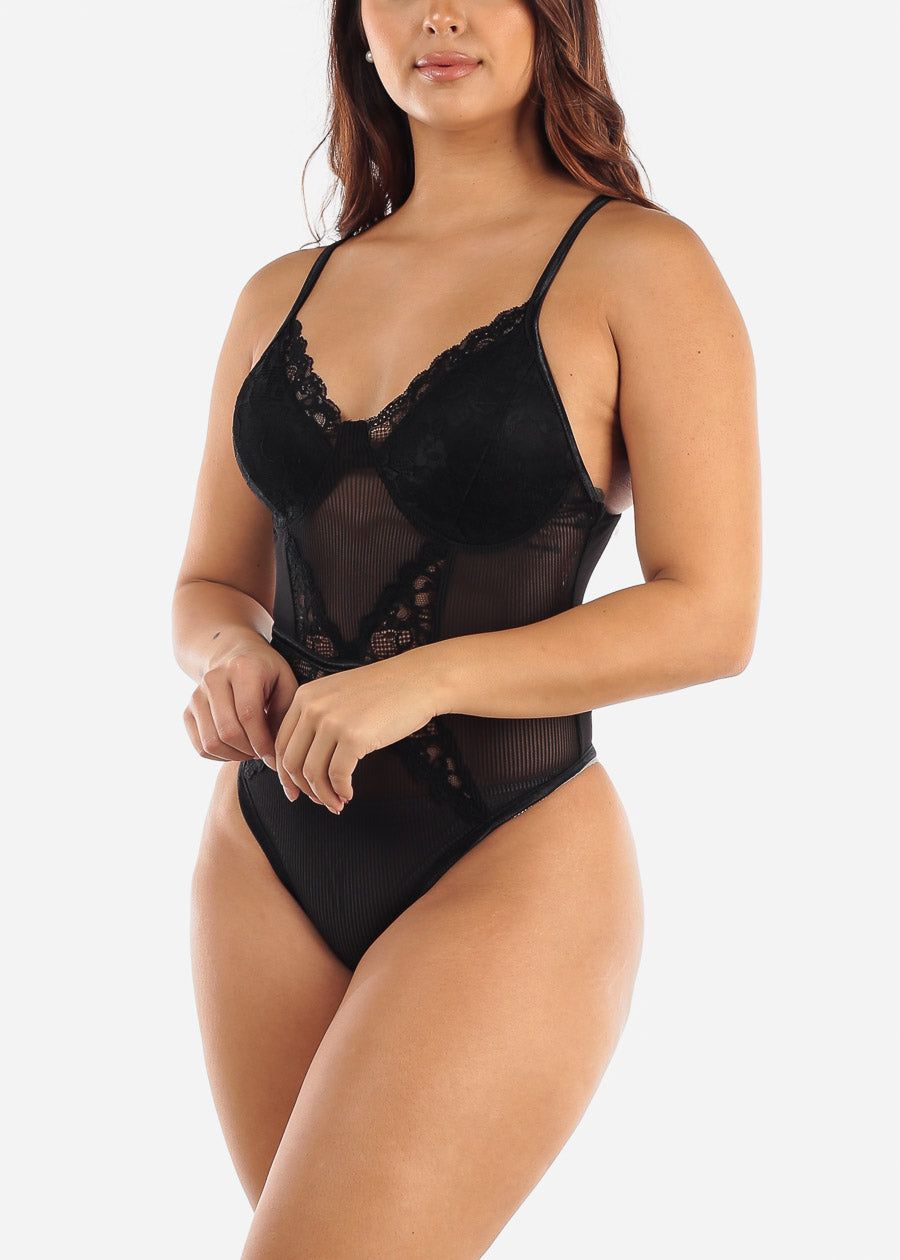 Black Sleeveless Thong Floral Lace Bodysuit sold by Moda