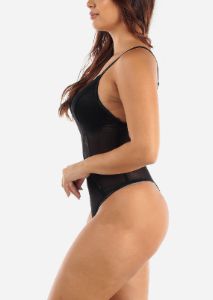 Black Sleeveless Thong Floral Lace Bodysuit sold by Moda