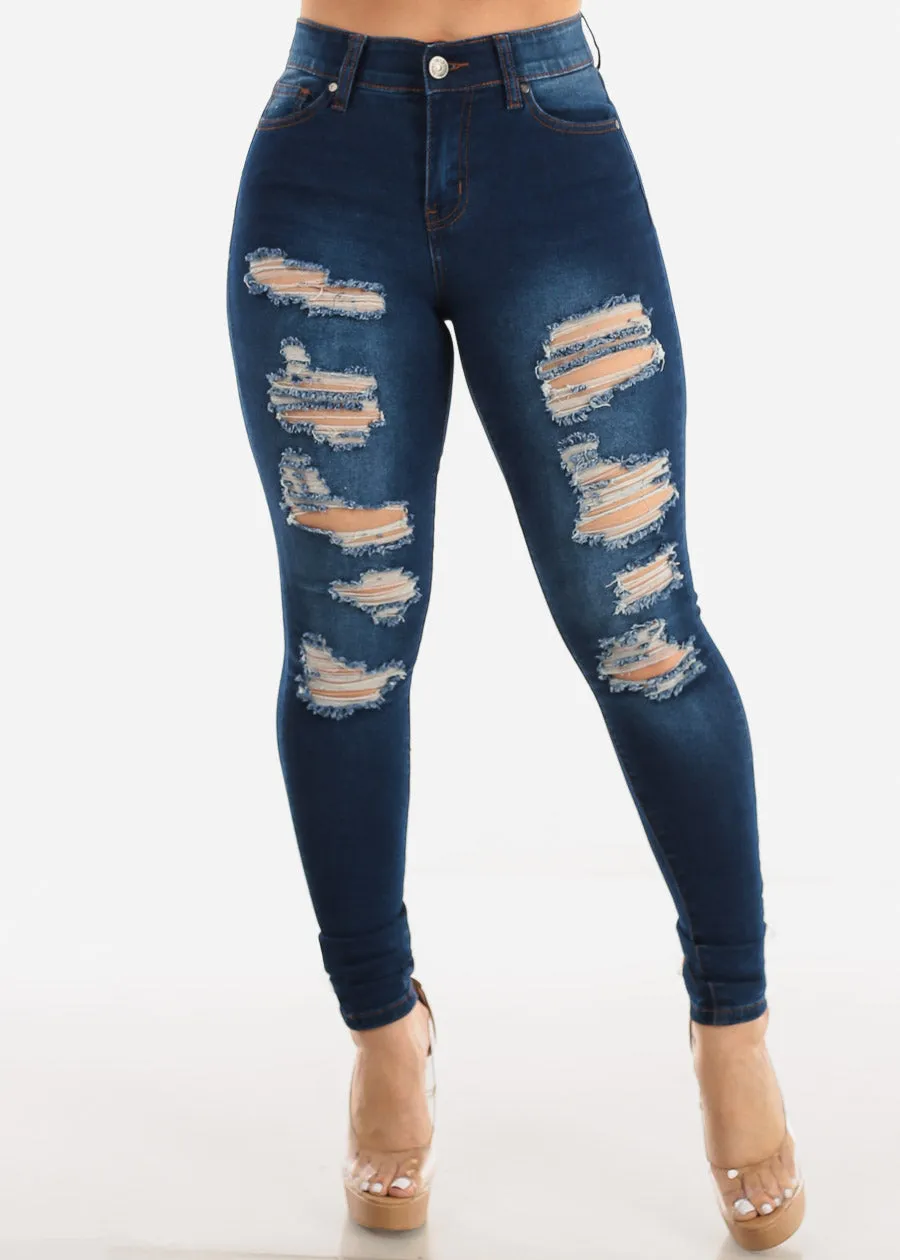 Mid Rise Distressed Dark Stretchy Skinny Jeans sold by Moda