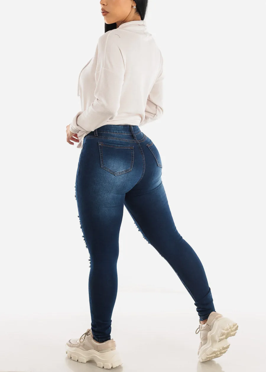 Mid Rise Distressed Dark Stretchy Skinny Jeans sold by Moda product image thumbnail 5