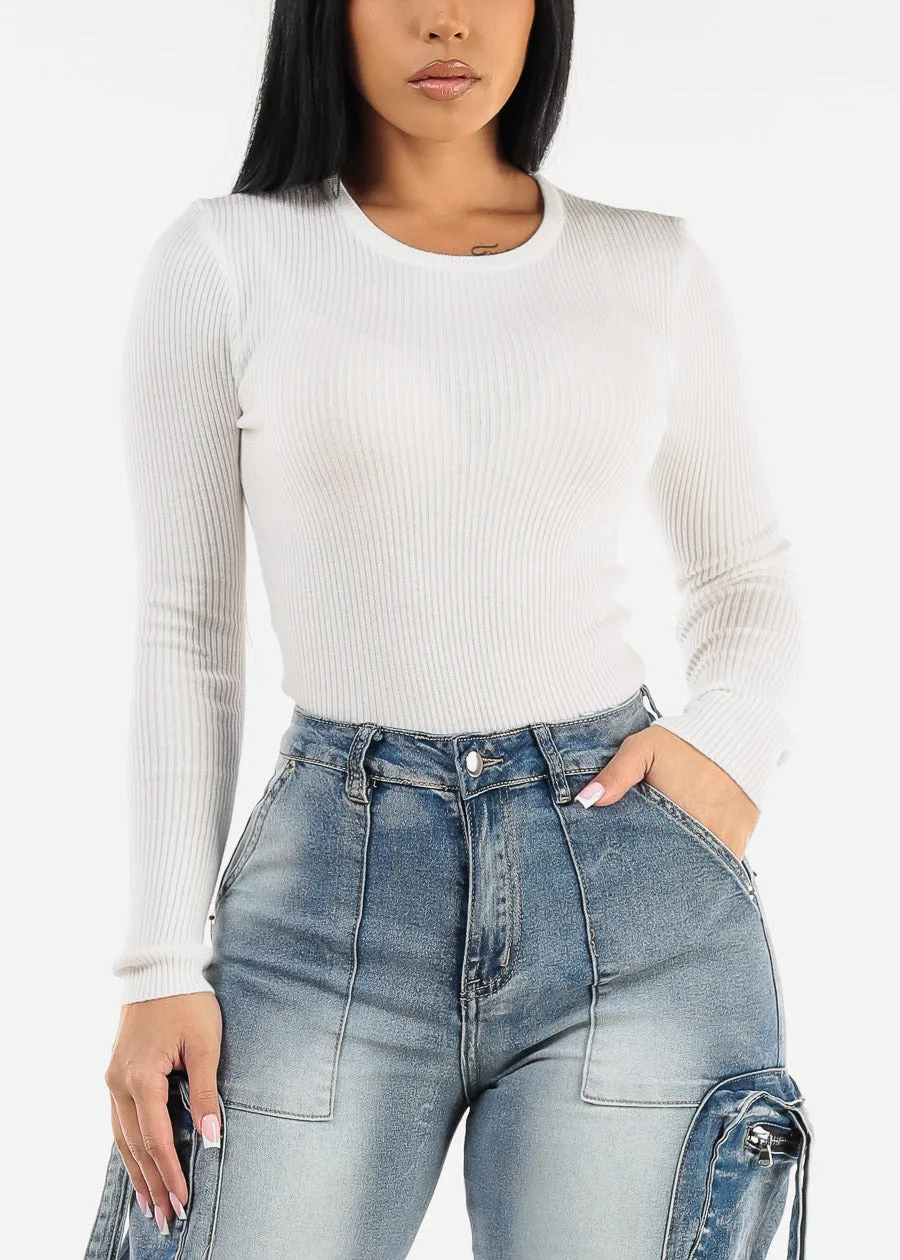 Long Sleeve White Crewneck Ribbed Sweater sold by Moda