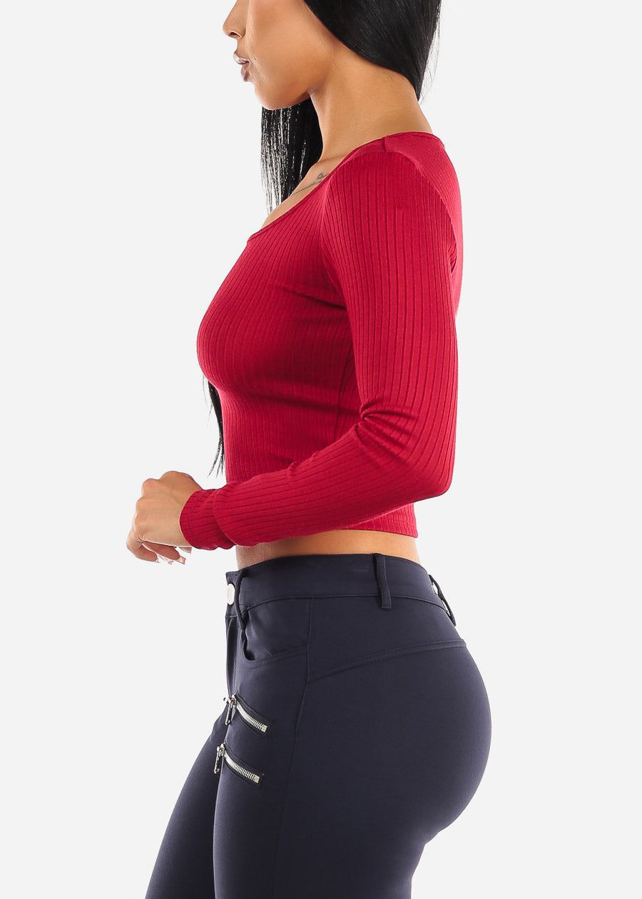 Red Ribbed Knit Long Sleeve Crop Top sold by Moda product image thumbnail 3