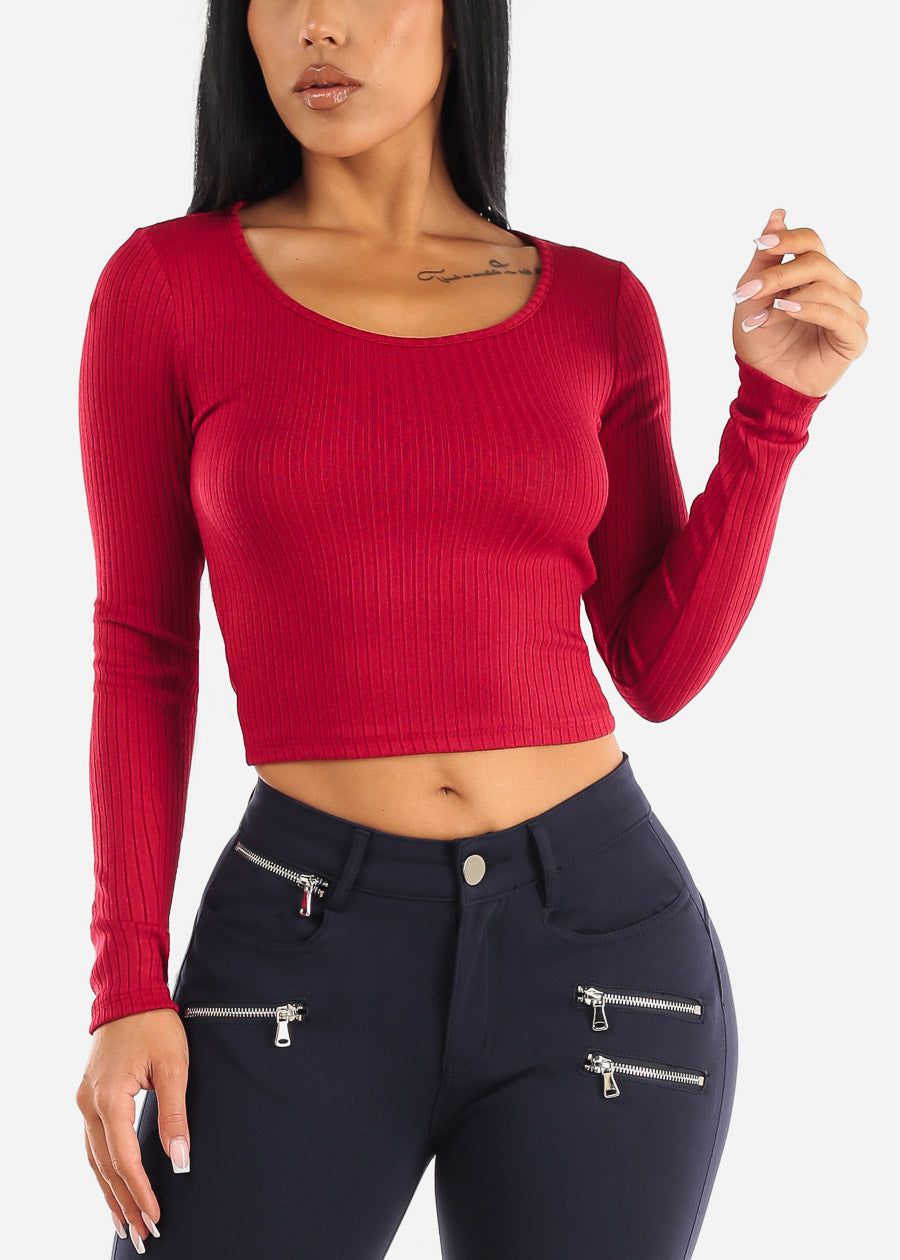 Red Ribbed Knit Long Sleeve Crop Top sold by Moda