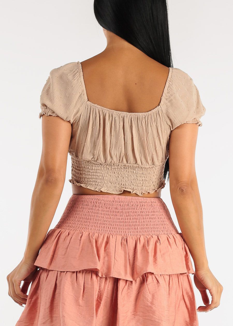 Smocked Hem Short Puff Sleeve Crop Top Beige sold by Moda product image thumbnail 4